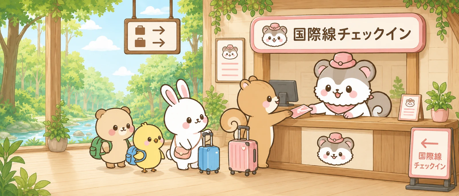 空港でお客さまを案内するももんがおねえしゃ